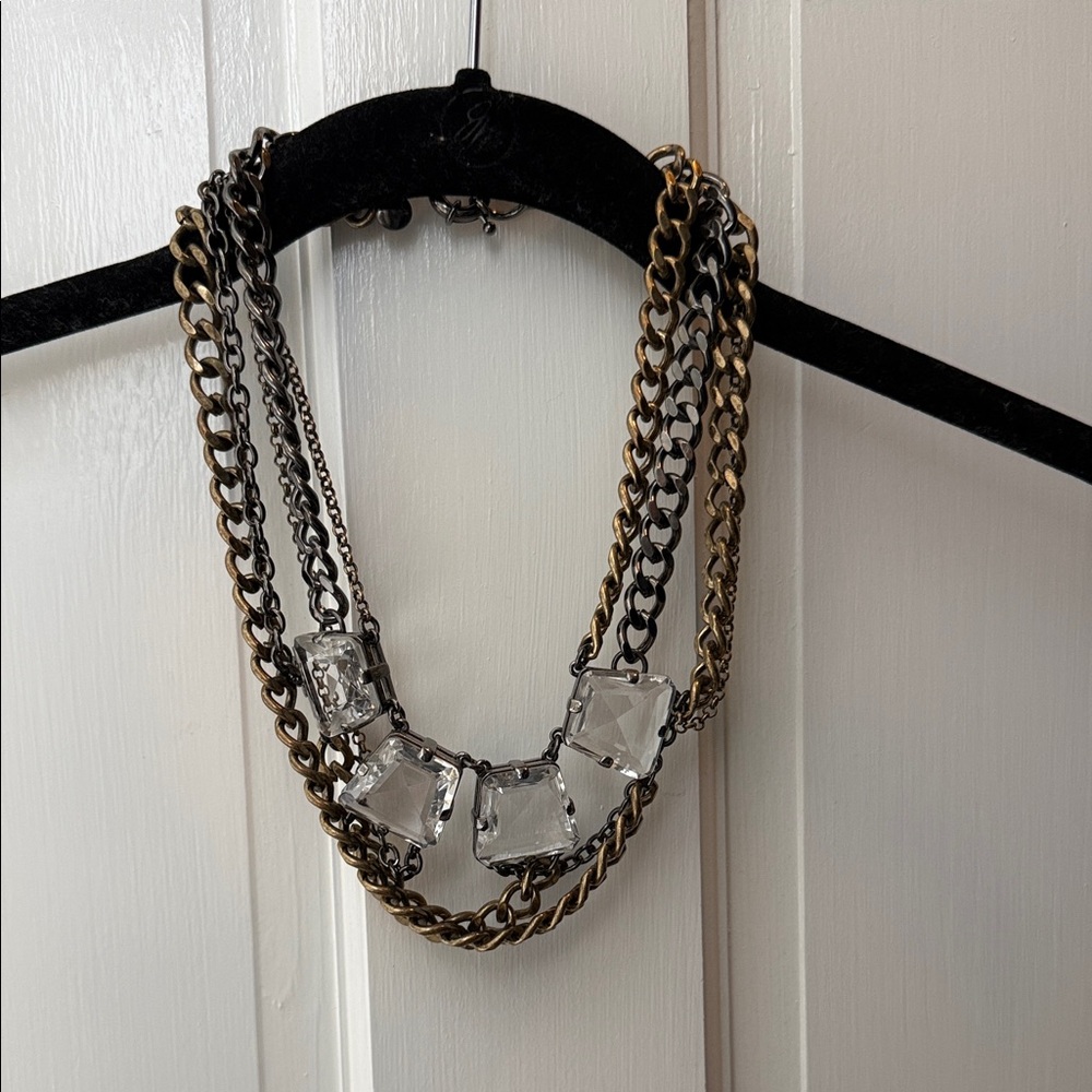 J. Crew Mixed Metal Multi-Chain Necklace with Clear Crystals